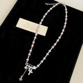Faux Pearl Copper Alloy Safety Pin Cross Necklace