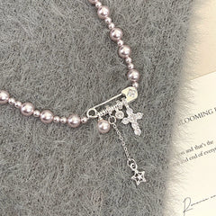 Faux Pearl Copper Alloy Safety Pin Cross Necklace