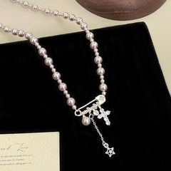 Faux Pearl Copper Alloy Safety Pin Cross Necklace