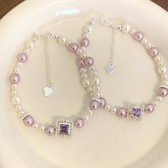 Silver Plated Brass Faux Pearl & Princess Cut CZ Bracelet