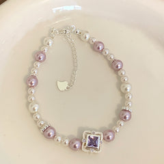 Silver Plated Brass Faux Pearl & Princess Cut CZ Bracelet