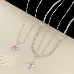 Silver Plated Pink CZ Saturn Heart Pendant Necklace