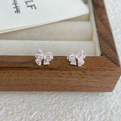 S999 Sterling Silver Bow-Shaped Zircon Stud Earrings
