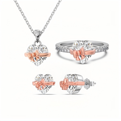 S925 Sterling Silver Rose Gold Heart-Shaped Zirconia Bow Set