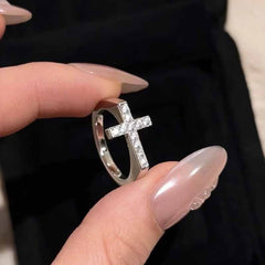 Aurora Faith™ S925 Sterling Silver Pavé Cross Ring