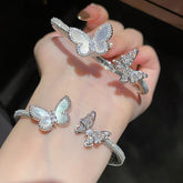 Silver-Toned Zircon and Mother-of-Pearl Butterfly-Clasp Bracelet