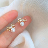 Copper Elegant Bow Pearl Stud Earrings