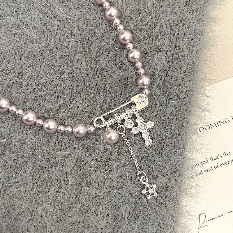 Faux Pearl Copper Alloy Safety Pin Cross Necklace