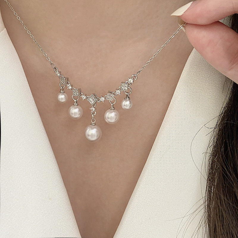 Faux Pearl and Zircon Copper Alloy Drop Necklace