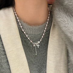 Faux Pearl Copper Alloy Safety Pin Cross Necklace