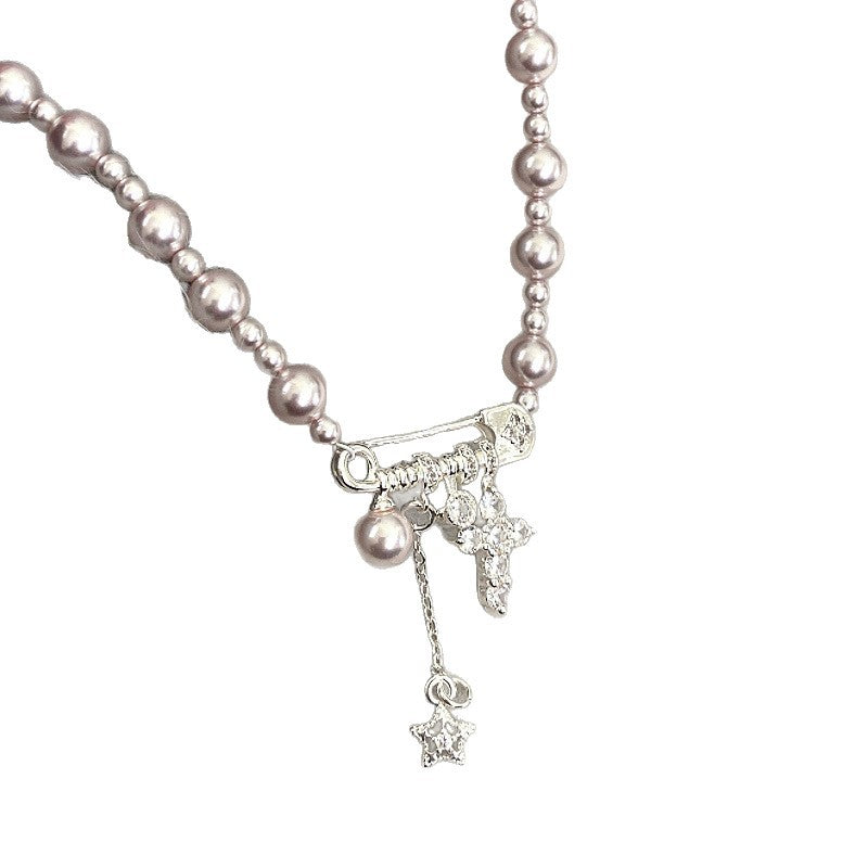 Faux Pearl Copper Alloy Safety Pin Cross Necklace