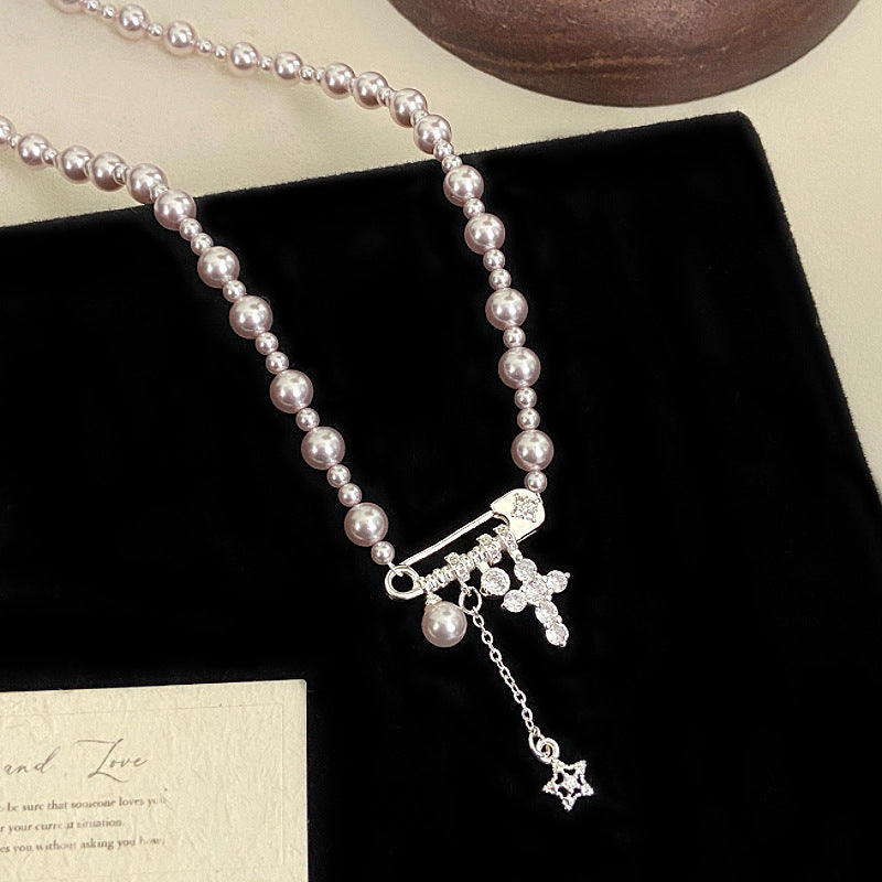 Faux Pearl Copper Alloy Safety Pin Cross Necklace