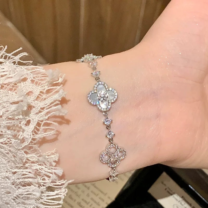 Celestia 18K Gold Plated Mother of Pearl Lucky Clover CZ Adjustable Bracelet