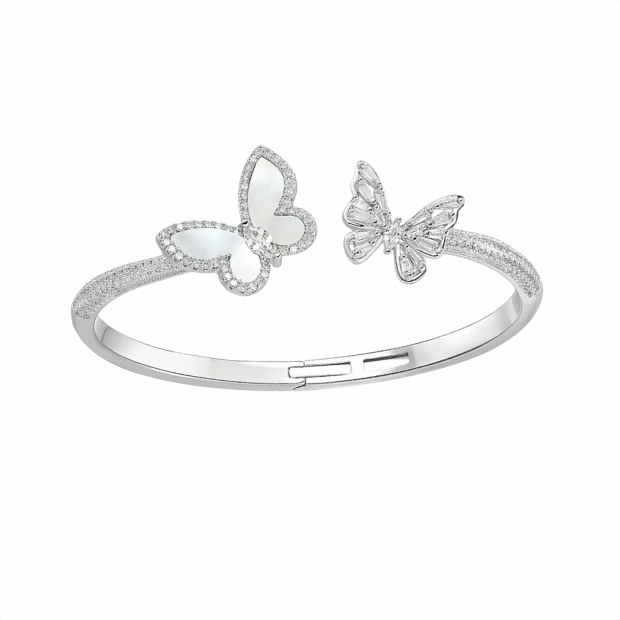 Silver-Toned Zircon and Mother-of-Pearl Butterfly-Clasp Bracelet