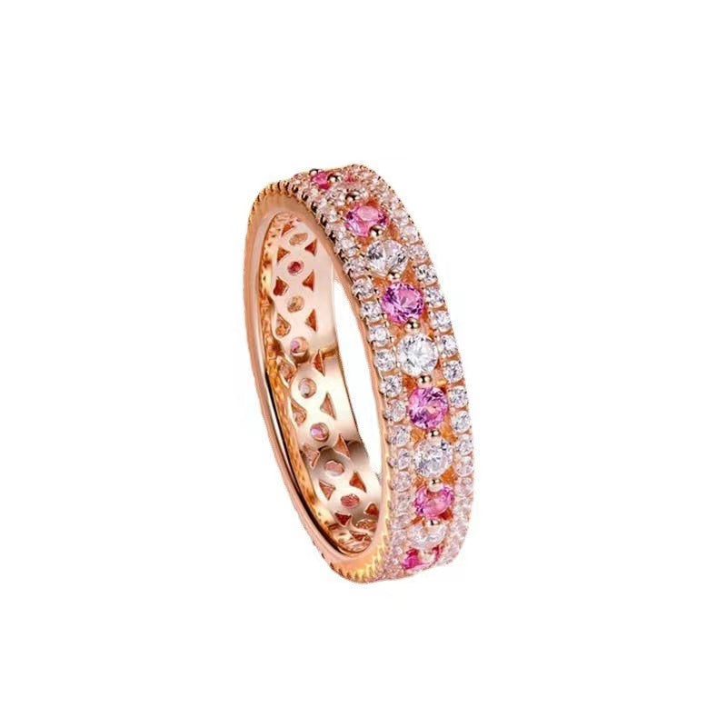 925 Silver Rose Gold-Plated Red Corundum Full-Diamond Band Ring