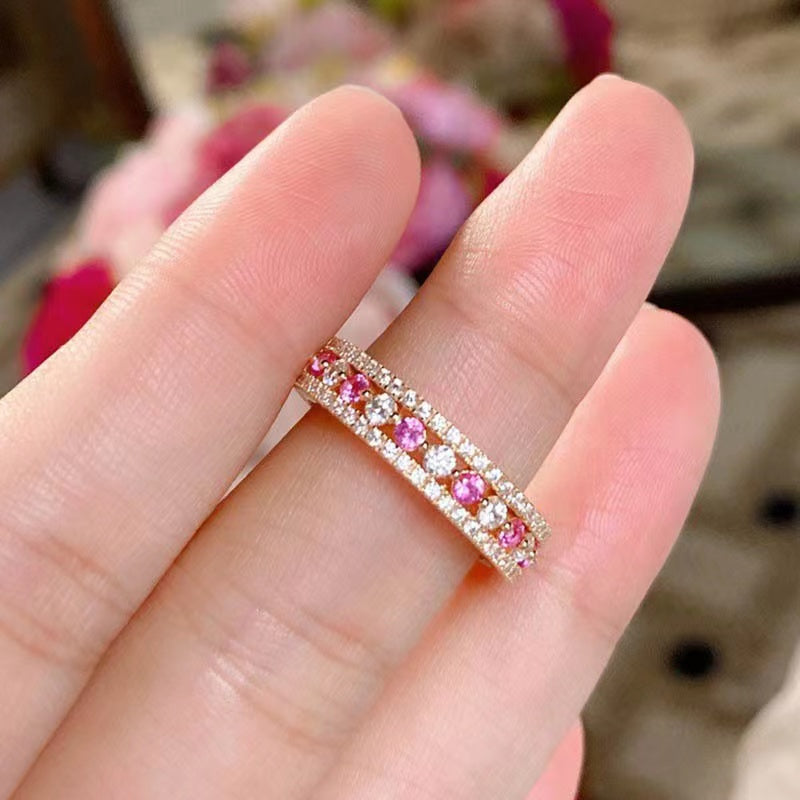 925 Silver Rose Gold-Plated Red Corundum Full-Diamond Band Ring