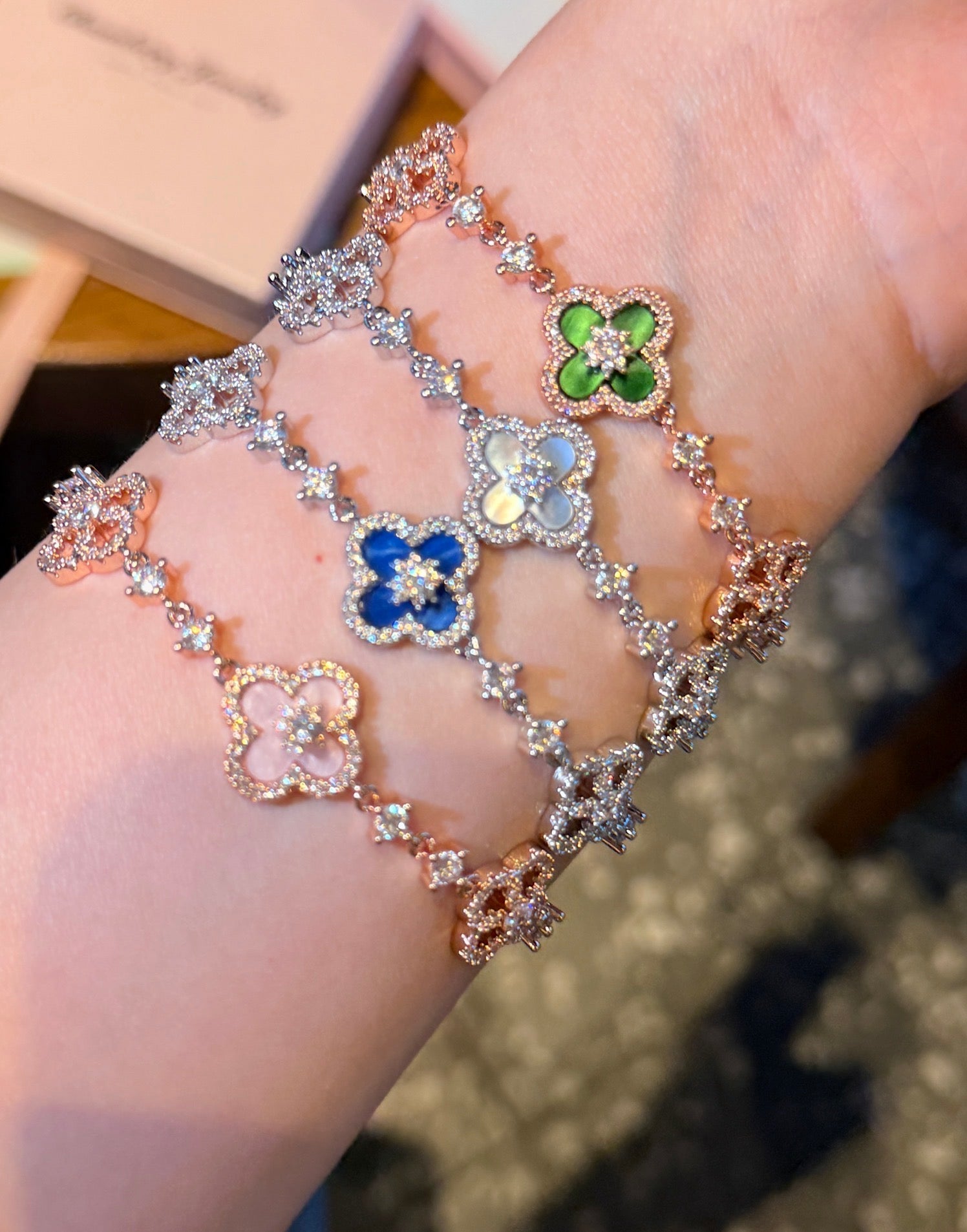 Celestia 18K Gold Plated Mother of Pearl Lucky Clover CZ Adjustable Bracelet