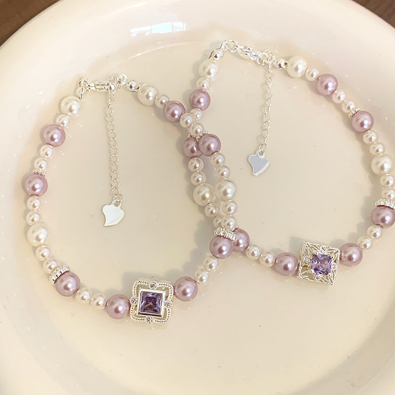 Silver Plated Brass Faux Pearl & Princess Cut CZ Bracelet