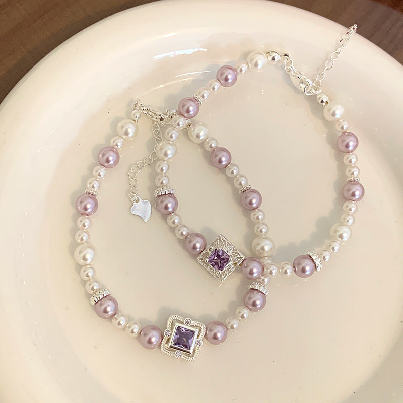 Silver Plated Brass Faux Pearl & Princess Cut CZ Bracelet