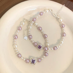 Silver Plated Brass Faux Pearl & Princess Cut CZ Bracelet