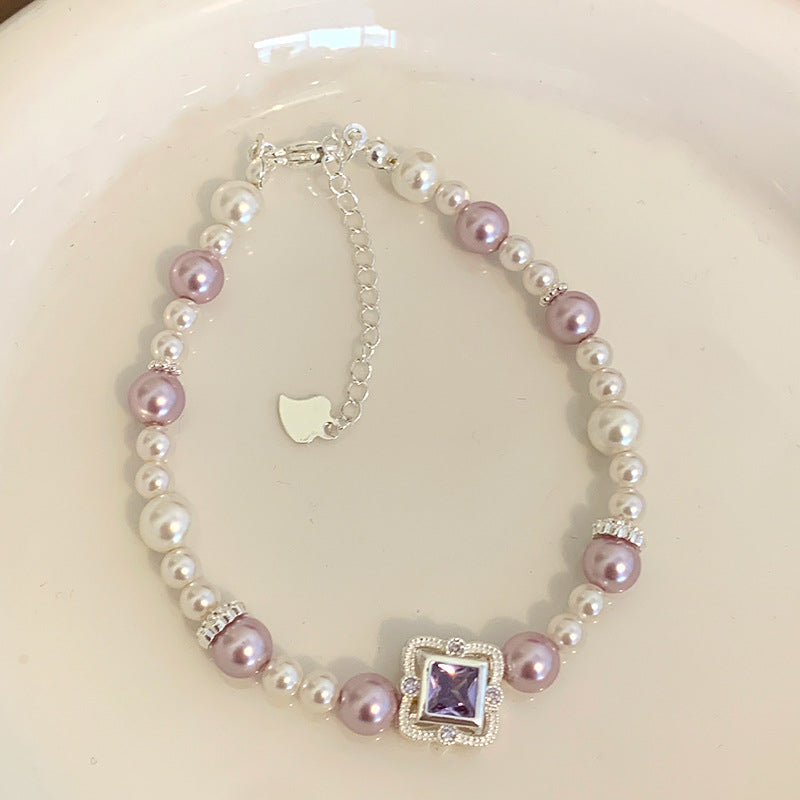 Silver Plated Brass Faux Pearl & Princess Cut CZ Bracelet