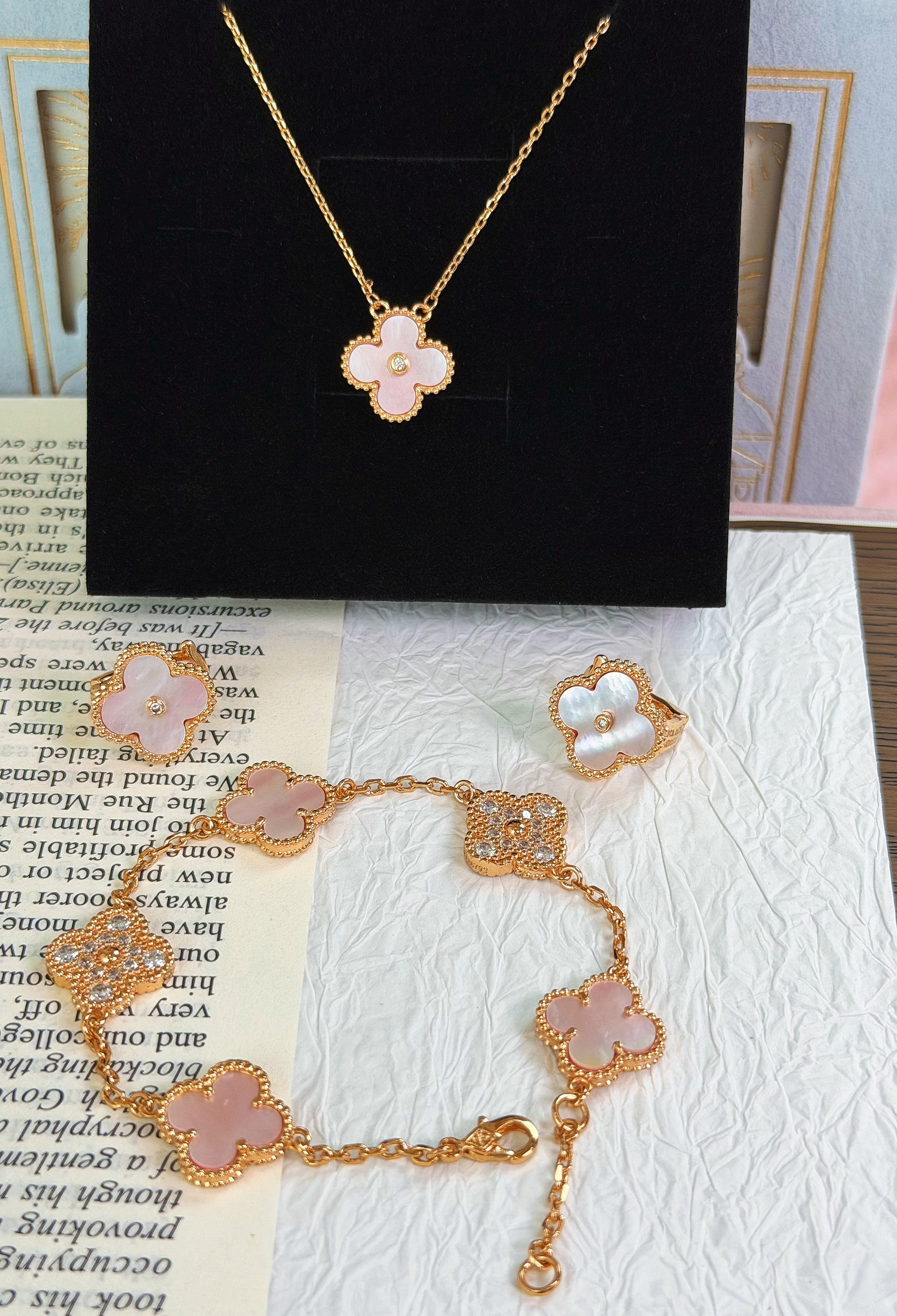 Pink Fortune Clover Jewelry Set