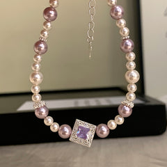 Silver Plated Brass Faux Pearl & Princess Cut CZ Bracelet