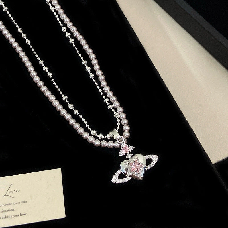 Silver Plated Pink CZ Saturn Heart Pendant Necklace