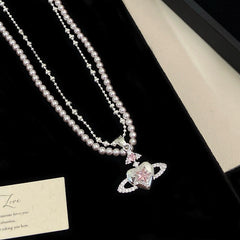 Silver Plated Pink CZ Saturn Heart Pendant Necklace