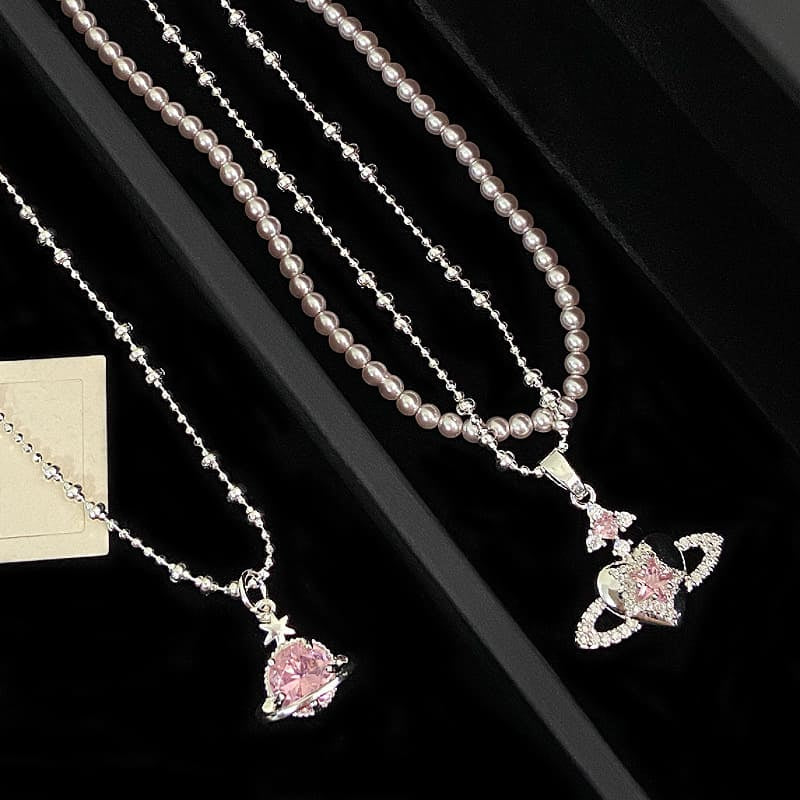 Silver Plated Pink CZ Saturn Heart Pendant Necklace
