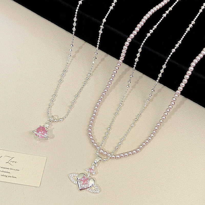 Silver Plated Pink CZ Saturn Heart Pendant Necklace