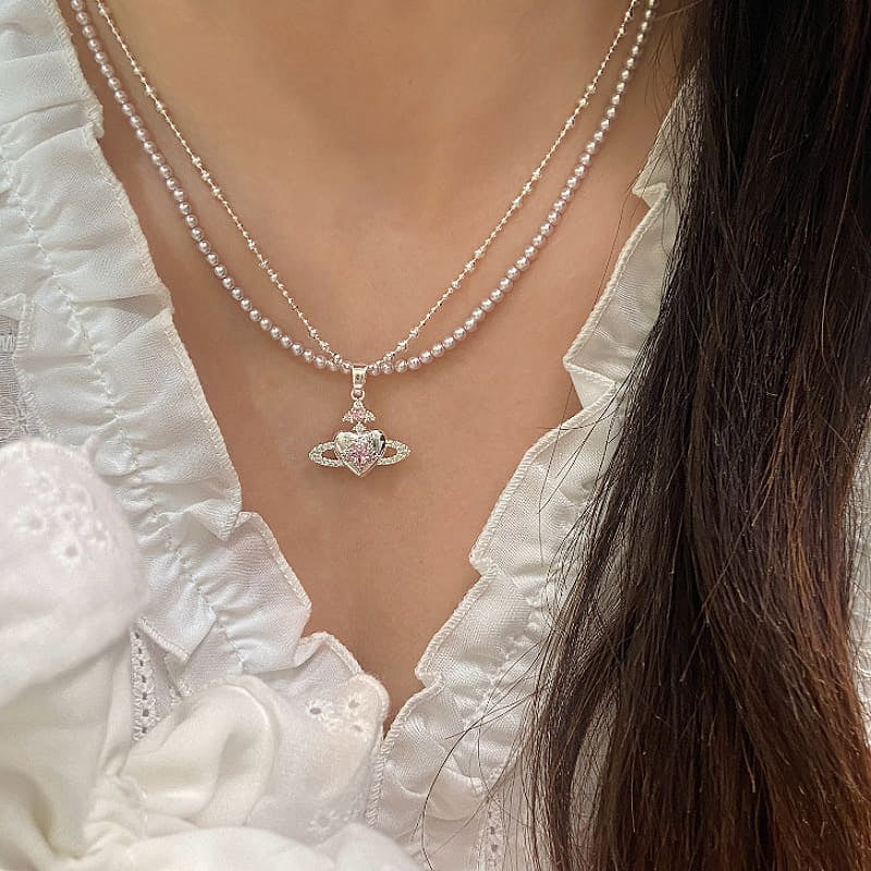 Silver Plated Pink CZ Saturn Heart Pendant Necklace