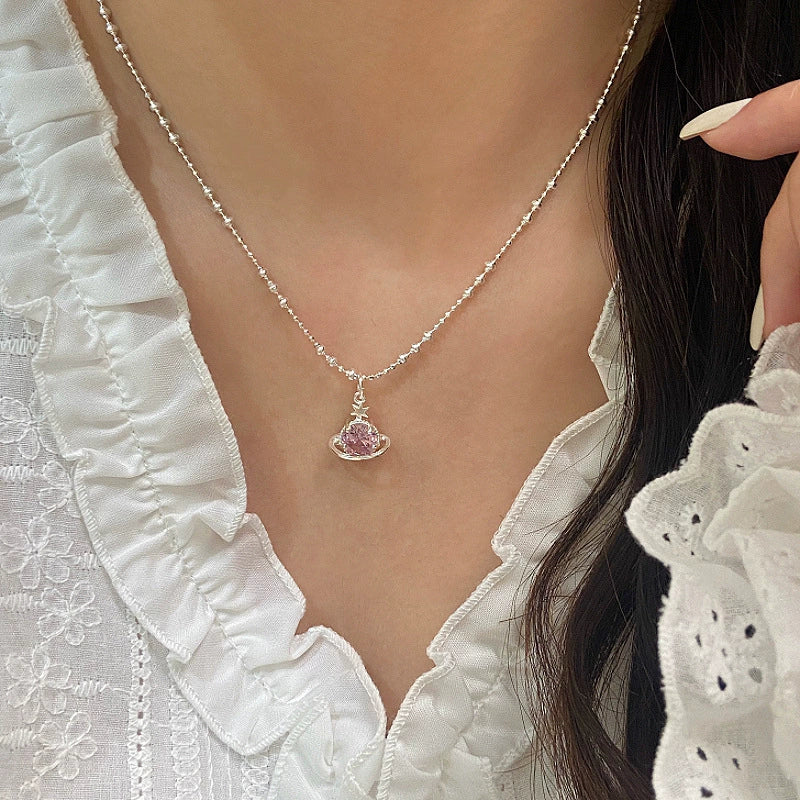 Silver Plated Pink CZ Saturn Heart Pendant Necklace