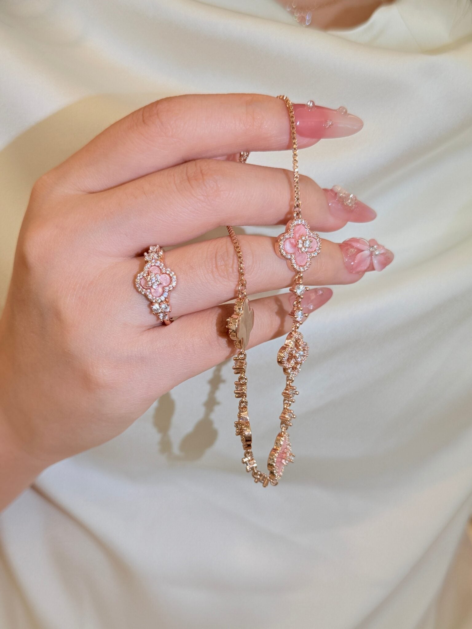 Celestia 18K Gold Plated Mother of Pearl Lucky Clover CZ Adjustable Bracelet