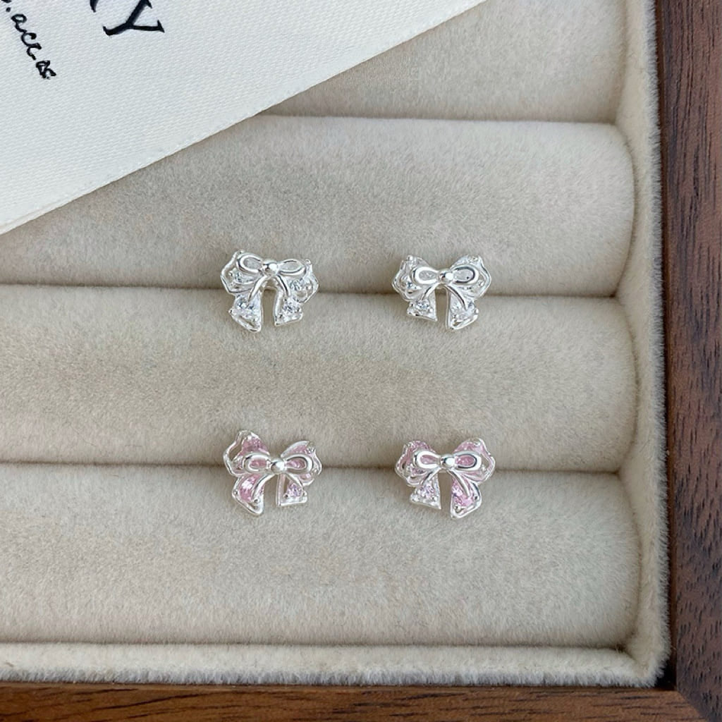 S999 Sterling Silver Bow-Shaped Zircon Stud Earrings