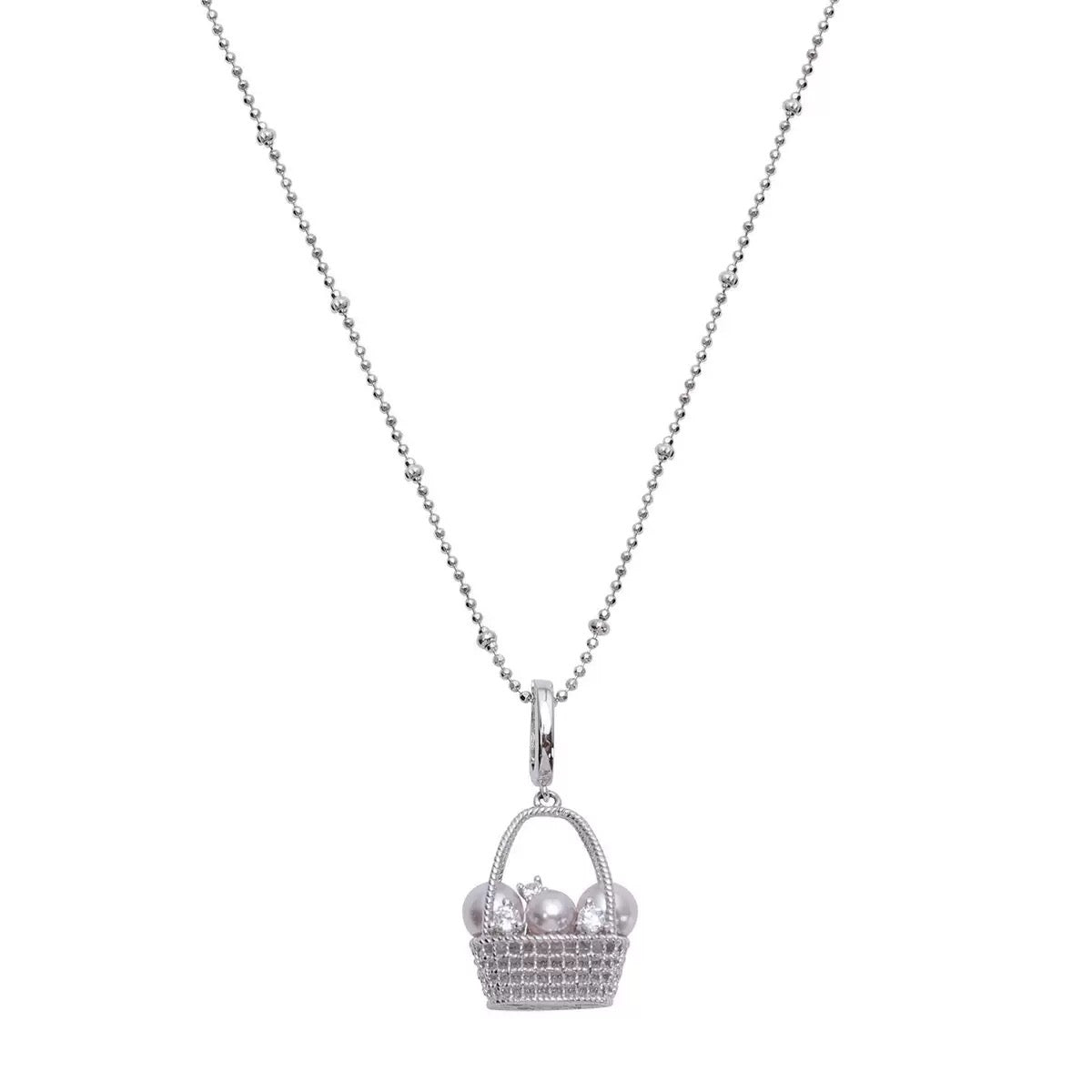 Silver Plated Pearl Basket Pendant Necklace