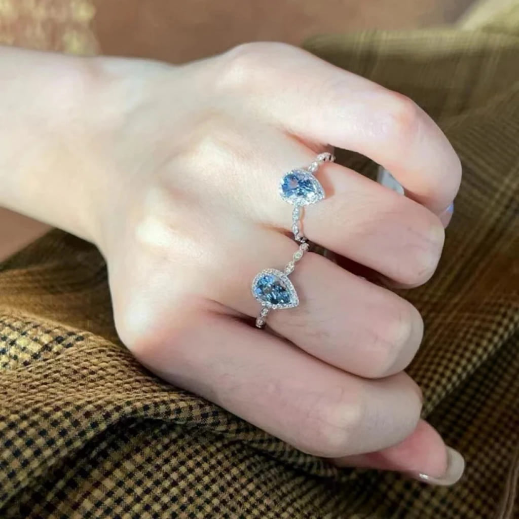Aurora Dew™ S925 Sterling Silver Pear Cut Blue Zircon Halo Ring