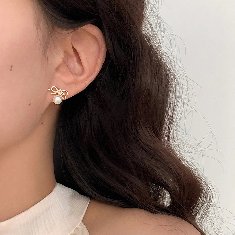 Copper Elegant Bow Pearl Stud Earrings