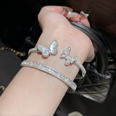 Silver-Toned Zircon and Mother-of-Pearl Butterfly-Clasp Bracelet