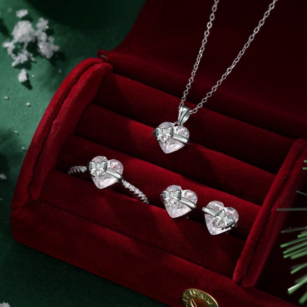 S925 Sterling Silver Rose Gold Heart-Shaped Zirconia Bow Set