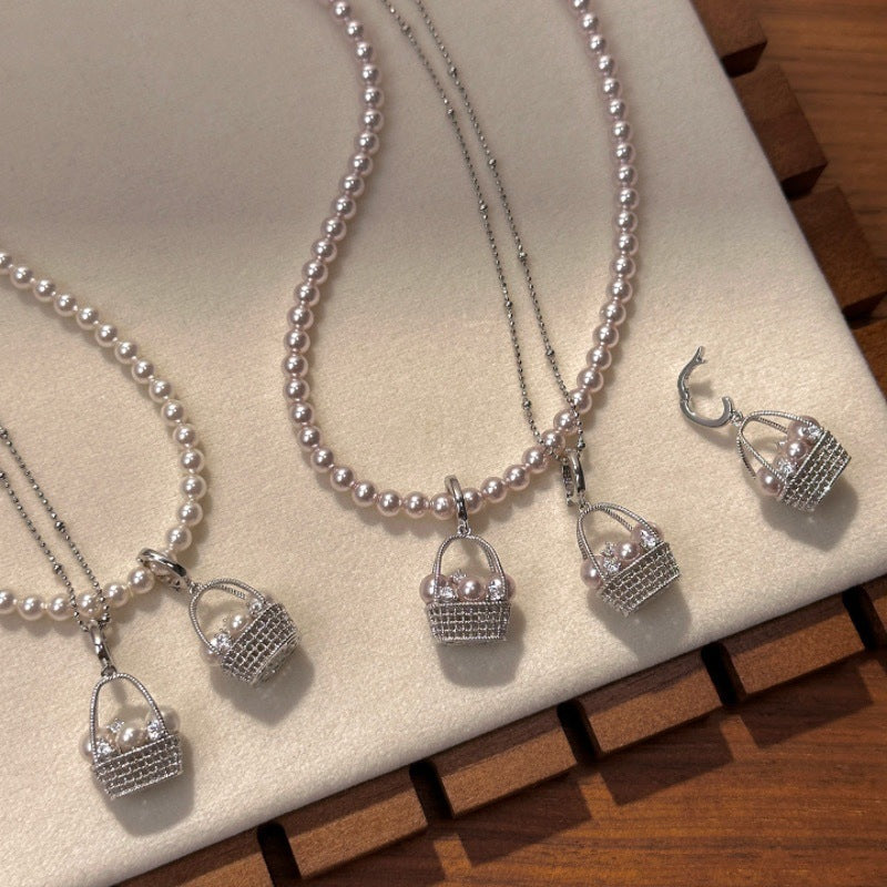 Silver Plated Pearl Basket Pendant Necklace