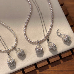 Silver Plated Pearl Basket Pendant Necklace