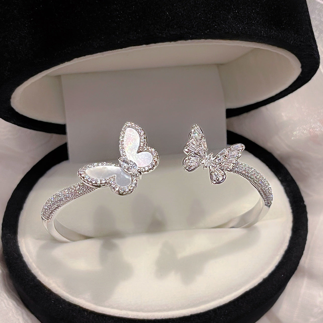 Silver-Toned Zircon and Mother-of-Pearl Butterfly-Clasp Bracelet