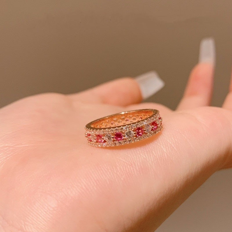 925 Silver Rose Gold-Plated Red Corundum Full-Diamond Band Ring