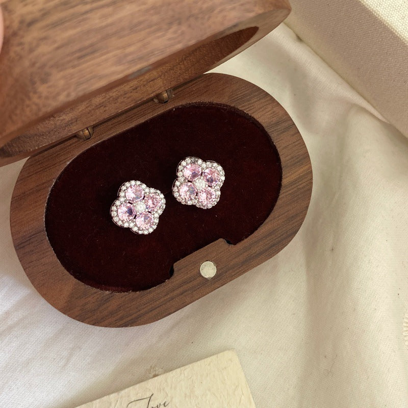 Copper Clover Zircon Stud Earrings