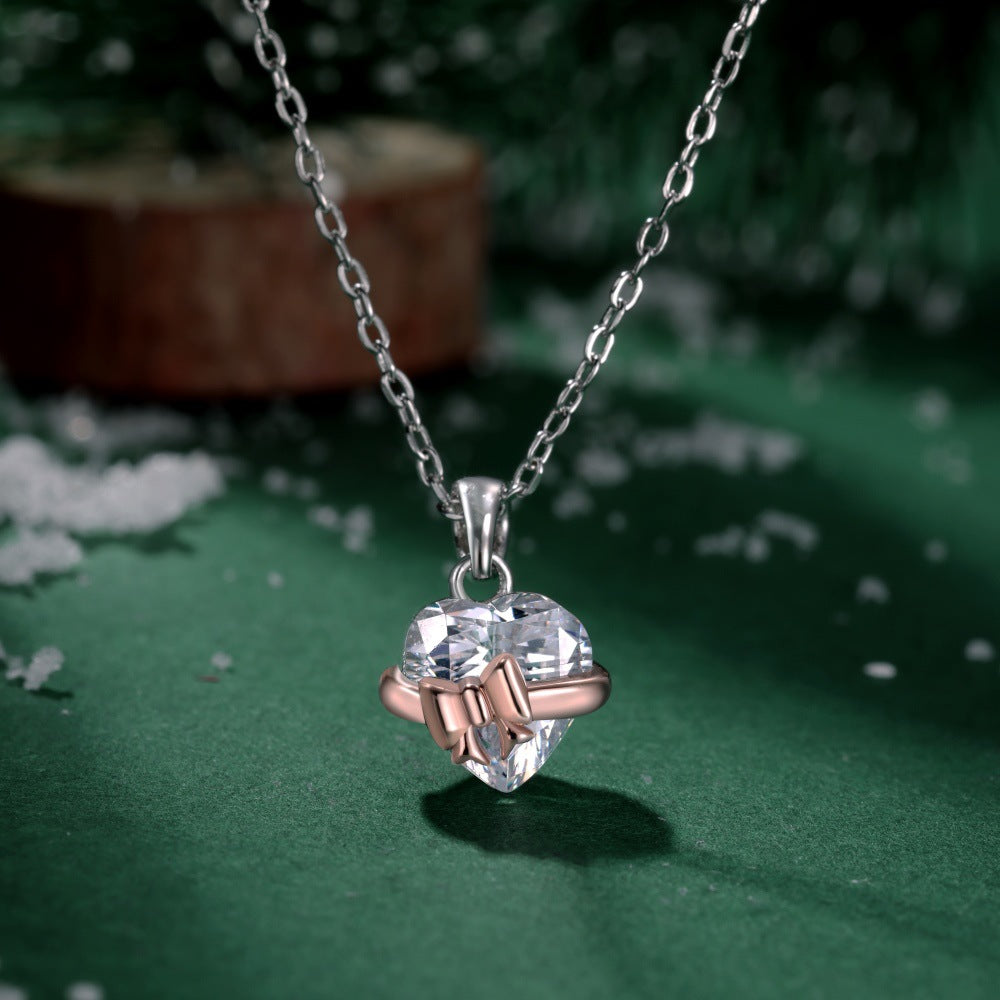 S925 Sterling Silver Rose Gold Heart-Shaped Zirconia Bow Set