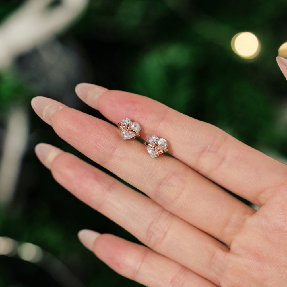 S925 Sterling Silver Rose Gold Heart-Shaped Zirconia Bow Set