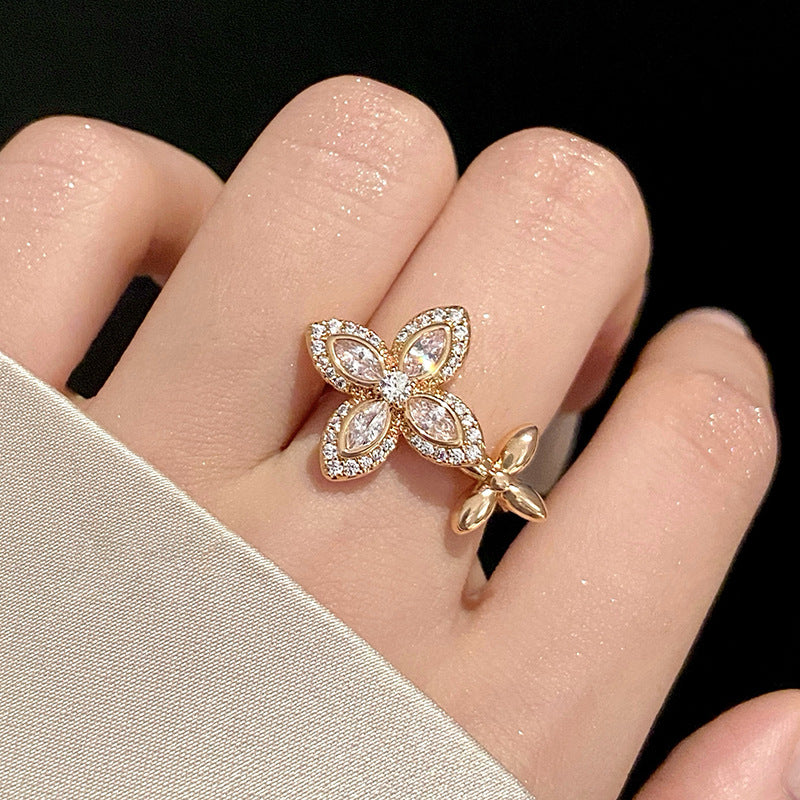 Four-Leaf Clover Flower Open-Faced Ring
