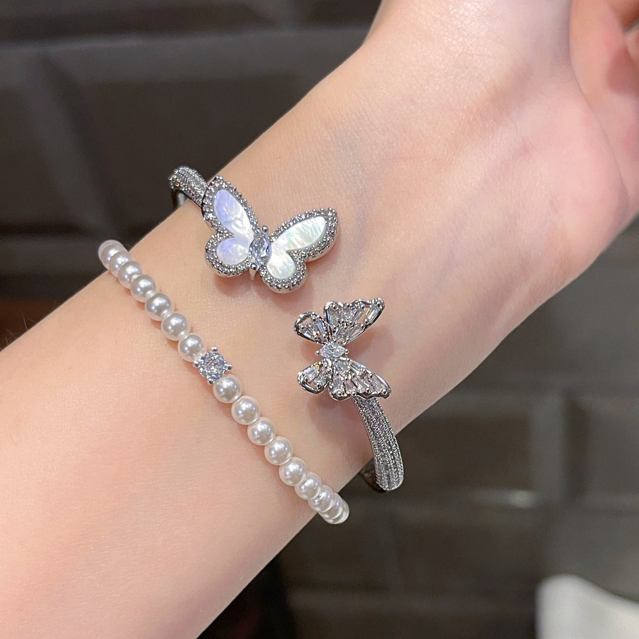 Silver-Toned Zircon and Mother-of-Pearl Butterfly-Clasp Bracelet