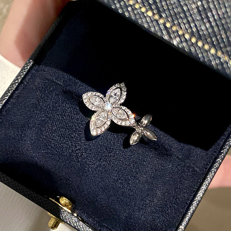 Four-Leaf Clover Flower Open-Faced Ring